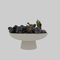 Deep Purple Grapes with Leaves and Vines in Textured Light Gray Pedestal Bowl