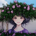 Vibrant Mural Art Featuring Girl With Purple Flowers And Green Plants Under Blue Sky