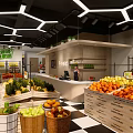 Modern Fruit Store Interior With Yellow Shelves Fresh Fruits Display Counter And Green Plants