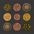 Household Items Display With Colorful Balls And Cucumbers On Decorative Plates