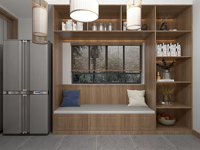 Stylish Public Chair in Modern Kitchen Featuring Wooden Cabinets Blue Beige Cushions and Window Blinds 3d model