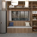 Stylish Public Chair in Modern Kitchen Featuring Wooden Cabinets Blue Beige Cushions and Window Blinds