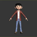 3D Animated Boy Character With Black Short Hair Red Jacket Blue Pants Brown Shoes
