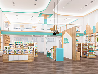 Modern Specialty Store Interior With Wooden Shelves Blue Accents And Product Displays 3d model