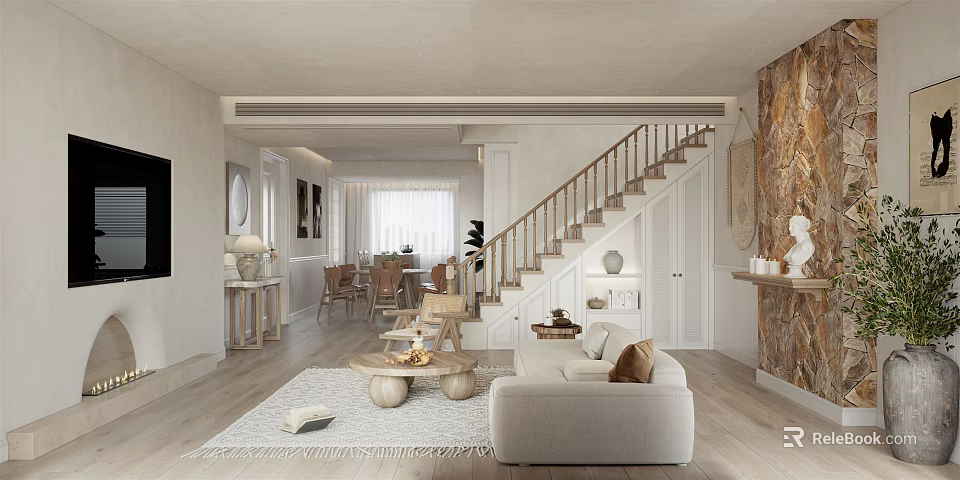 Warm Modern Living and Dining Room Interior With Staircase Sofa Coffee Tables And Dining Chairs 3d model 