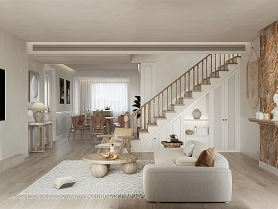 Warm Modern Living and Dining Room Interior With Staircase Sofa Coffee Tables And Dining Chairs 3d model