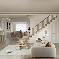Warm Modern Living and Dining Room Interior With Staircase Sofa Coffee Tables And Dining Chairs