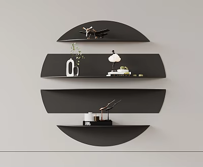 Modern Wall Cabinets With Curved Shelves And Decorative Vase Lamp Ornaments On White Wall 3d model