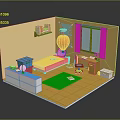 Cartoon Room Interior With Yellow Walls Blue Curtains Bed Desk Chair And Red Balloon