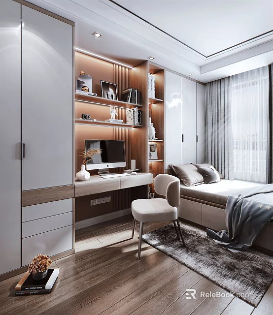 Modern Minimalist Tatami Bedroom Interior Design With Writing Desk Bookshelf And Storage Cabinets 3d model 