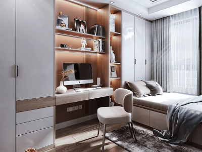 Modern Minimalist Tatami Bedroom Interior Design With Writing Desk Bookshelf And Storage Cabinets 3d model