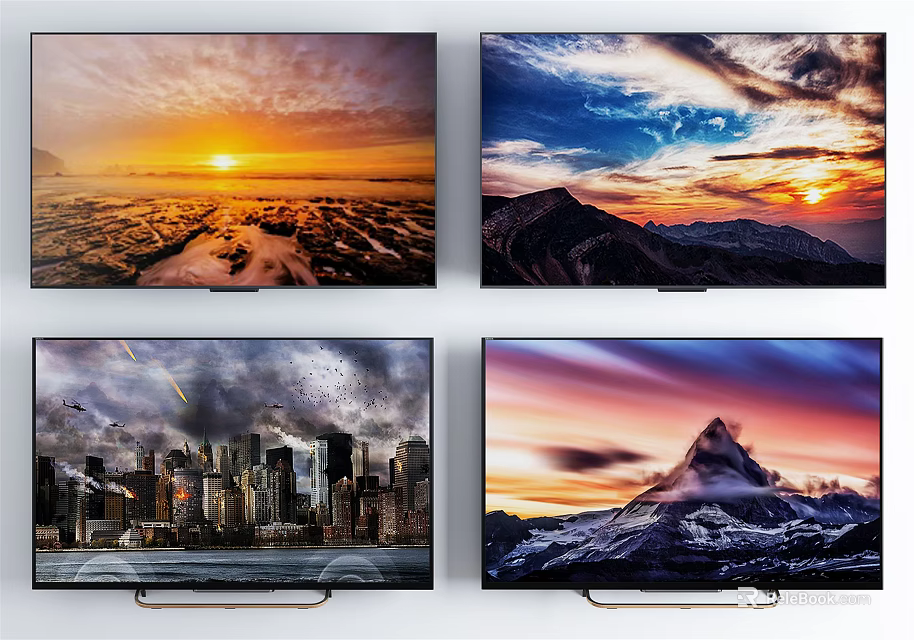 High Quality TVs Showing Stunning Sunrise Mountain City And Snowy Scenic Views 3d model 
