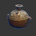 Traditional Reddish Brown Ceramic Vessel With Lid Two Handles And Decorative Patterns