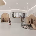 Bright Modern Kindergarten Interior With Children Playing Staff At Wooden Counter And Cloud Decorations