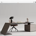 Minimalist Modern Wooden Desk With Chair Cabinet Lamp And Books