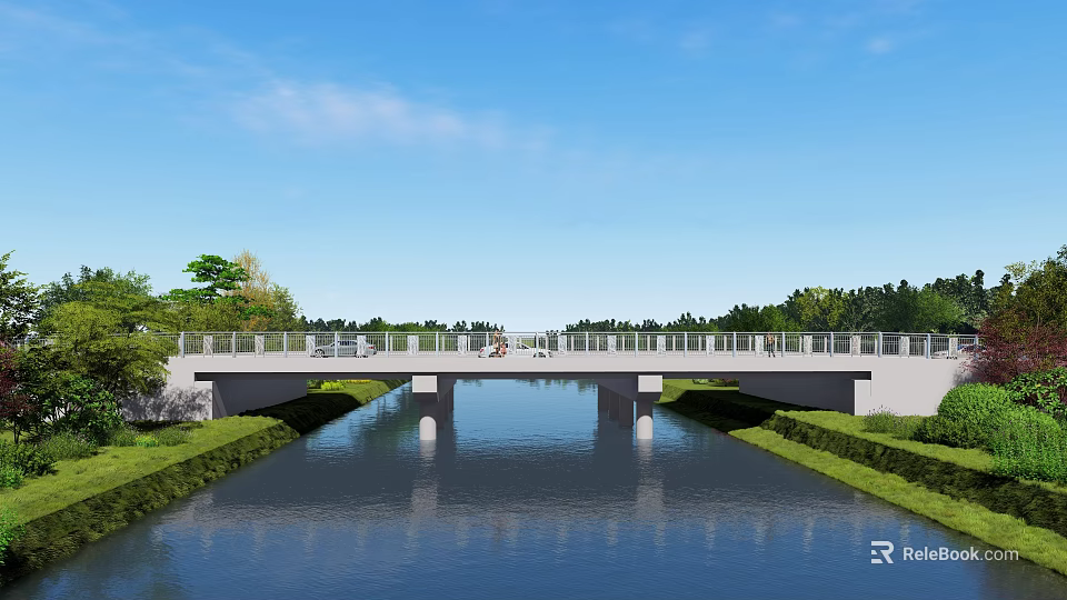 Garden Landscape Design With River Bridge Green Grass And Trees Under Blue Sky 3d model 