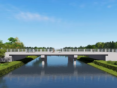 Garden Landscape Design With River Bridge Green Grass And Trees Under Blue Sky 3d model