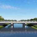Garden Landscape Design With River Bridge Green Grass And Trees Under Blue Sky