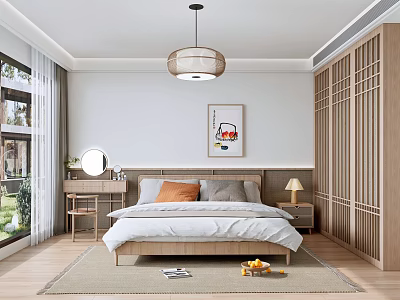 Modern Bedroom Interior With Wooden Bed Pendant Light Decorative Painting And Wardrobe 3d model