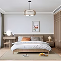 Modern Bedroom Interior With Wooden Bed Pendant Light Decorative Painting And Wardrobe