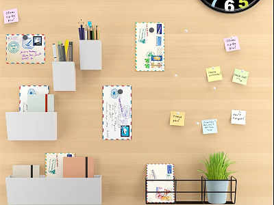 Decorative Ornament Set With Wooden Wall White Storage Boxes Postcards Sticky Notes And Green Plant 3d model