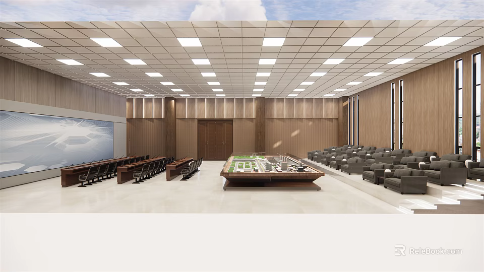 Modern Conference Room Interior With Wooden Walls Large Meeting Table Ceiling Lights And Seats 3d model 
