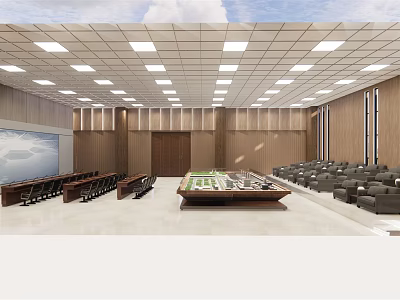 Modern Conference Room Interior With Wooden Walls Large Meeting Table Ceiling Lights And Seats 3d model