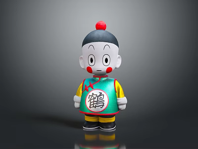 Cartoon Character Household Figurine With Red Top Ornament Black Hair Green Vest White Crane Character 3d model