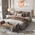 Modern Elegant Double Bed Bedroom Interior With Upholstered Headboard Multiple Pillows And Table Lamps 3d model