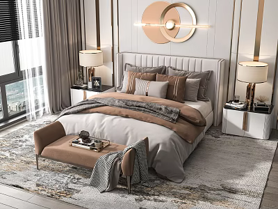 Modern Elegant Double Bed Bedroom Interior With Upholstered Headboard Multiple Pillows And Table Lamps 3d model