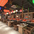 Korean Buffet Restaurant Interior With Colorful Lanterns Wooden Counter And Dining Tables