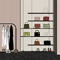 Stylish Clothes Display With Hanging Dresses Coats And Designer Bags Shoes
