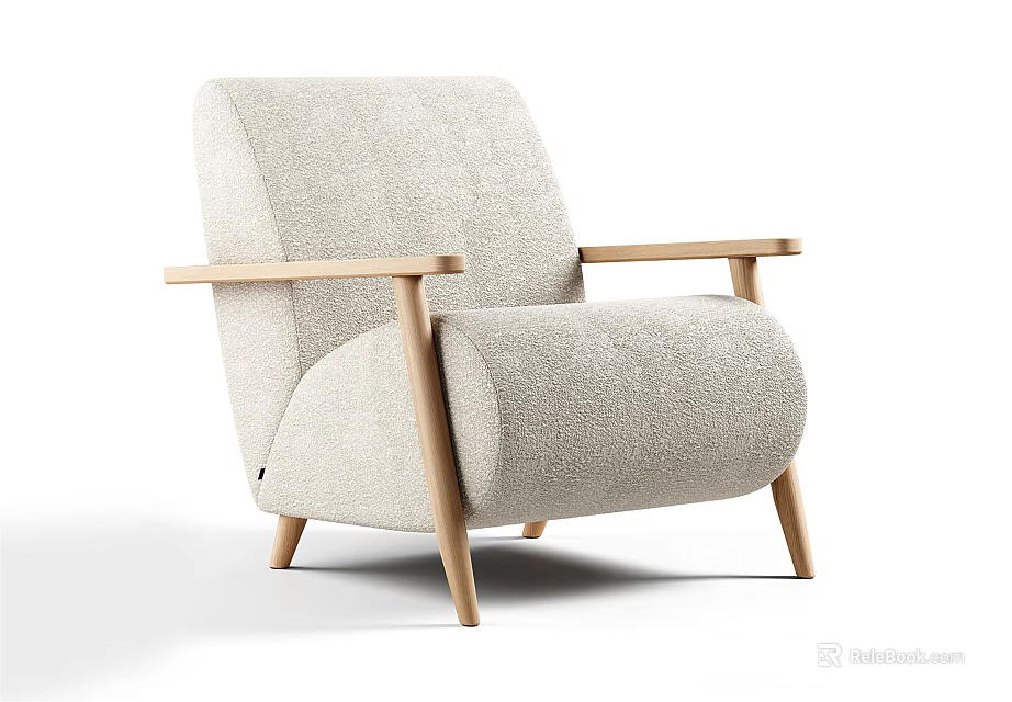 Modern Light Gray Fabric Single Seater Sofa With Wooden Armrests And Legs 3d model 