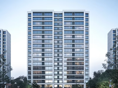 Modern High Rise Residential Building Exterior With Glass Windows And Surrounding Trees 3d model
