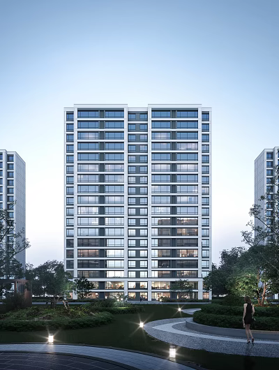 Modern High Rise Residential Building Exterior With Glass Windows And Surrounding Trees 3d model