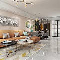 Modern Living And Dining Room With Beige Sofa Round Coffee Tables And Marble TV Wall