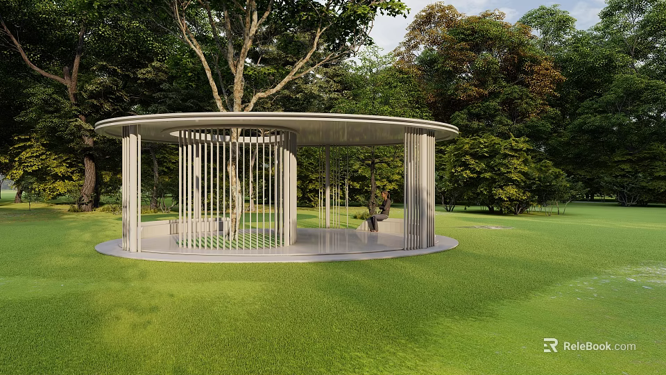 Modern Circular Pergola With Slender Columns In Garden Surrounded By Lush Trees And Green Lawn 3d model 