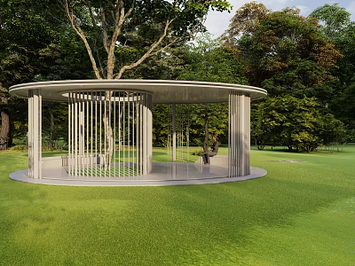 Modern Circular Pergola With Slender Columns In Garden Surrounded By Lush Trees And Green Lawn 3d model