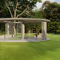 Modern Circular Pergola With Slender Columns In Garden Surrounded By Lush Trees And Green Lawn