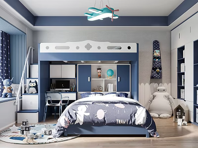 Kids Room Interior With Blue Theme Airplane Light Bunk Bed Desk Star Quilt And Toys 3d model