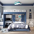 Kids Room Interior With Blue Theme Airplane Light Bunk Bed Desk Star Quilt And Toys