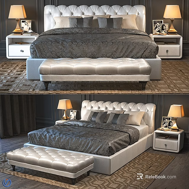 Modern Double Bed With Tufted Headboard Nightstands Table Lamps And Gray Bedding 3d model 