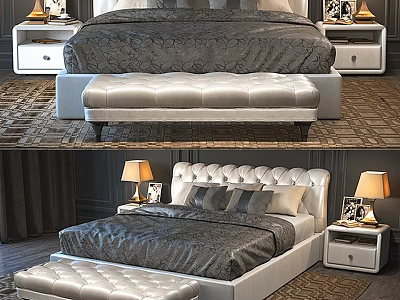 Modern Double Bed With Tufted Headboard Nightstands Table Lamps And Gray Bedding 3d model