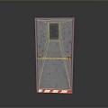 Gray Metal Door With Small Window Red Strap Handle And Red White Striped Base