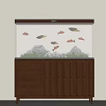 Modern Aquarium Interior With Colorful Fish Rock Formations And Wooden Cabinet