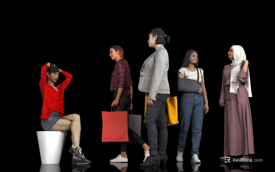 Diverse Women in Different Clothing Styles with Various Poses Against Black Background and White Floor 3d model 