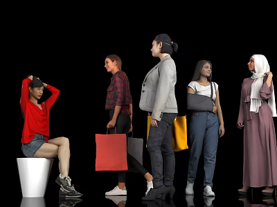 Diverse Women in Different Clothing Styles with Various Poses Against Black Background and White Floor 3d model