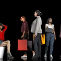 Diverse Women in Different Clothing Styles with Various Poses Against Black Background and White Floor
