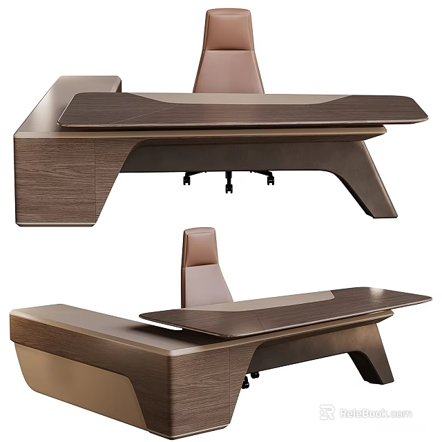 Contemporary Modern Office Desk With Leather Chair And Wooden Tabletop Design 3d model 