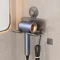 Wall Mounted Hair Dryer Holder With Blue Metallic Dryer On Light Tiled Bathroom Wall